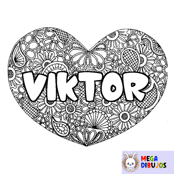Coloraci&oacute;n del nombre VIKTOR - decorado mandala de coraz&oacute;n
