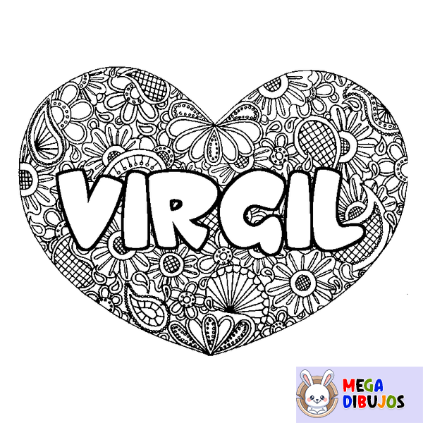 Coloraci&oacute;n del nombre VIRGIL - decorado mandala de coraz&oacute;n