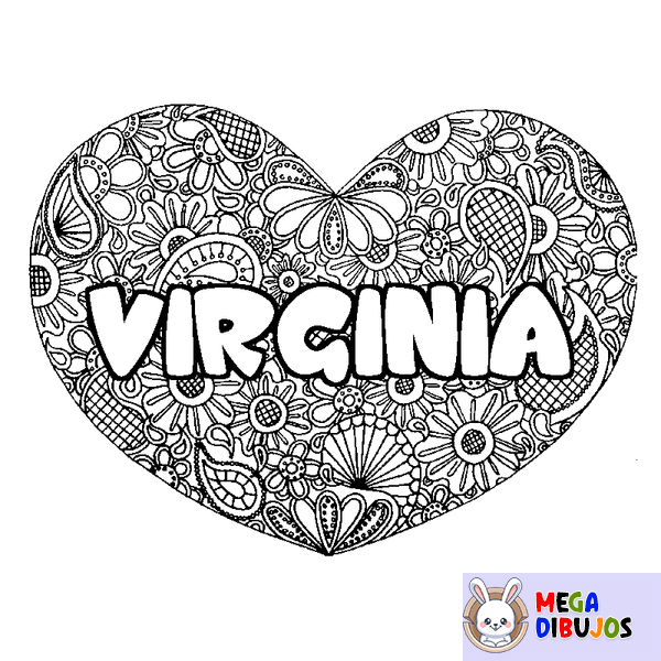 Coloraci&oacute;n del nombre VIRGINIA - decorado mandala de coraz&oacute;n