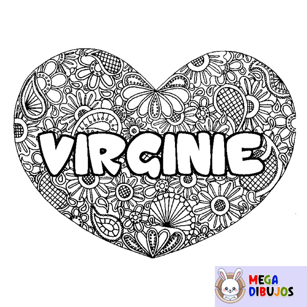 Coloraci&oacute;n del nombre VIRGINIE - decorado mandala de coraz&oacute;n