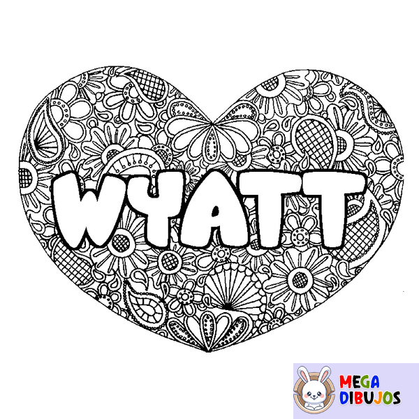Coloraci&oacute;n del nombre WYATT - decorado mandala de coraz&oacute;n