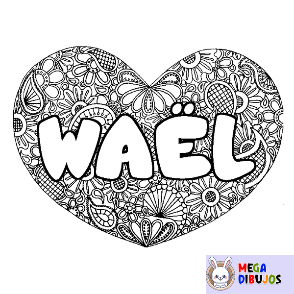 Coloraci&oacute;n del nombre WA&Euml;L - decorado mandala de coraz&oacute;n