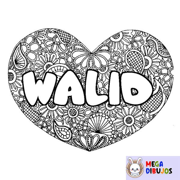 Coloraci&oacute;n del nombre WALID - decorado mandala de coraz&oacute;n