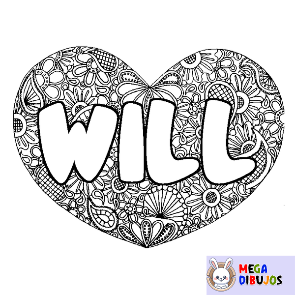 Coloraci&oacute;n del nombre WILL - decorado mandala de coraz&oacute;n