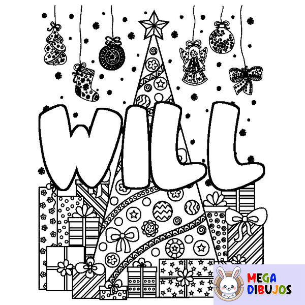 Coloraci&oacute;n del nombre WILL - decorado &aacute;rbol de Navidad y regalos