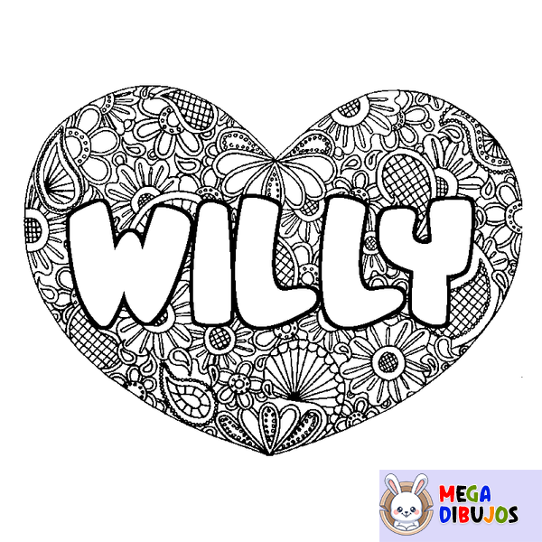 Coloraci&oacute;n del nombre WILLY - decorado mandala de coraz&oacute;n
