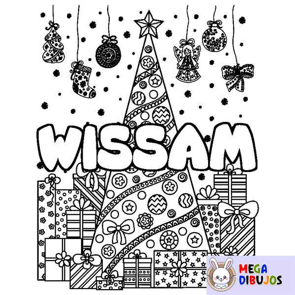 Coloraci&oacute;n del nombre WISSAM - decorado &aacute;rbol de Navidad y regalos