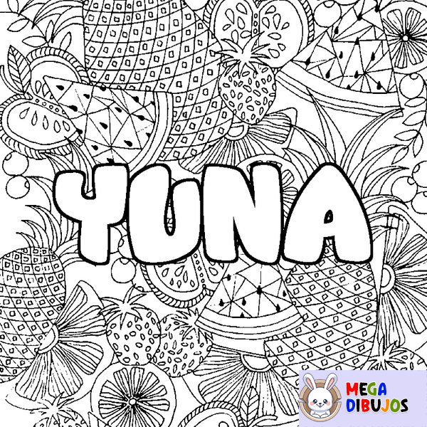 Coloraci&oacute;n del nombre YUNA - decorado mandala de frutas