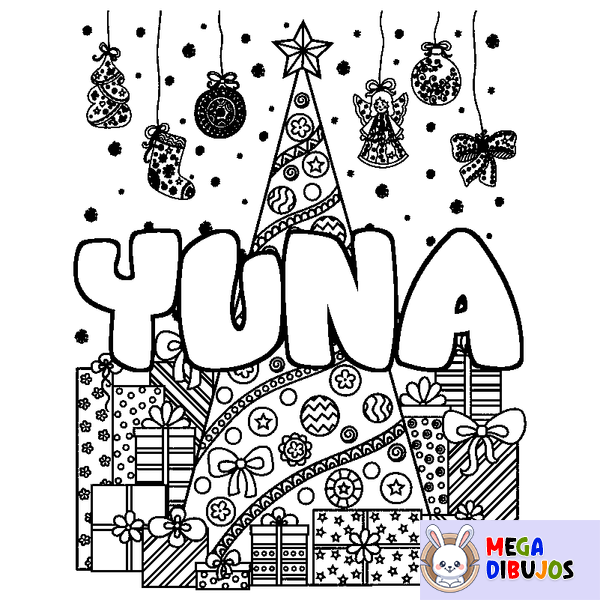 Coloraci&oacute;n del nombre YUNA - decorado &aacute;rbol de Navidad y regalos