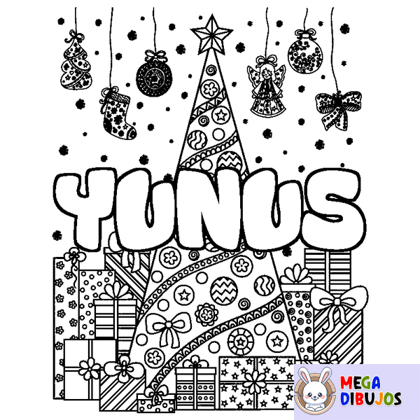 Coloraci&oacute;n del nombre YUNUS - decorado &aacute;rbol de Navidad y regalos