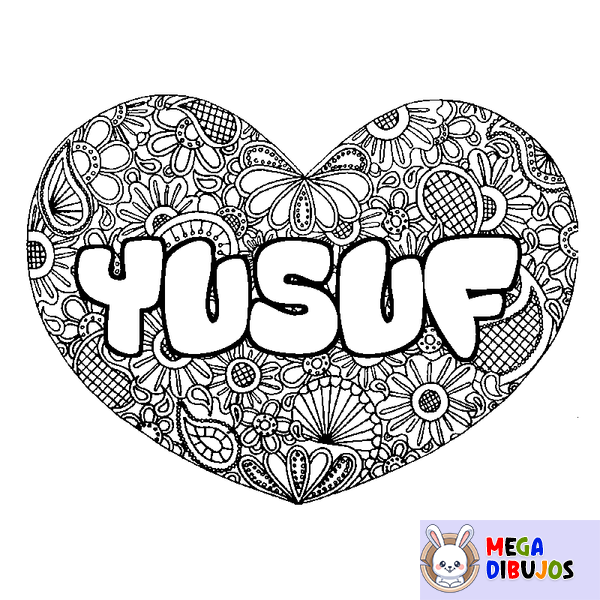 Coloraci&oacute;n del nombre YUSUF - decorado mandala de coraz&oacute;n