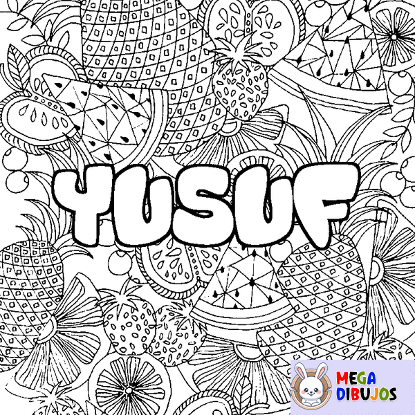 Coloraci&oacute;n del nombre YUSUF - decorado mandala de frutas