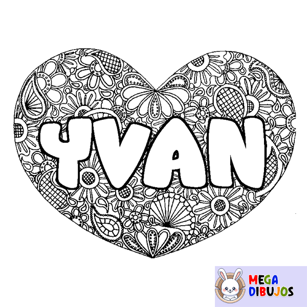 Coloraci&oacute;n del nombre YVAN - decorado mandala de coraz&oacute;n