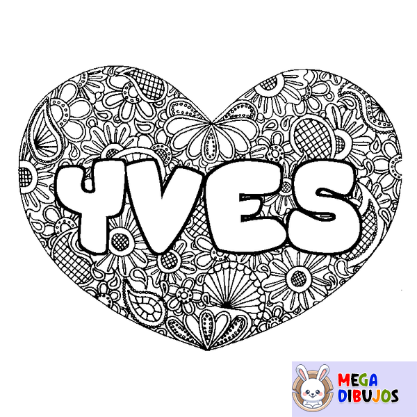 Coloraci&oacute;n del nombre YVES - decorado mandala de coraz&oacute;n