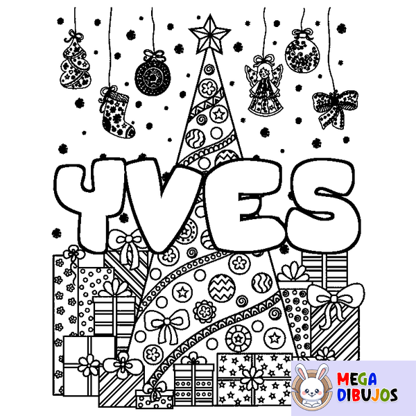 Coloraci&oacute;n del nombre YVES - decorado &aacute;rbol de Navidad y regalos