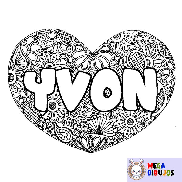 Coloraci&oacute;n del nombre YVON - decorado mandala de coraz&oacute;n