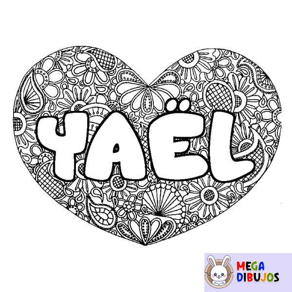 Coloraci&oacute;n del nombre YA&Euml;L - decorado mandala de coraz&oacute;n