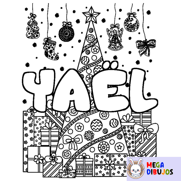Coloraci&oacute;n del nombre YA&Euml;L - decorado &aacute;rbol de Navidad y regalos