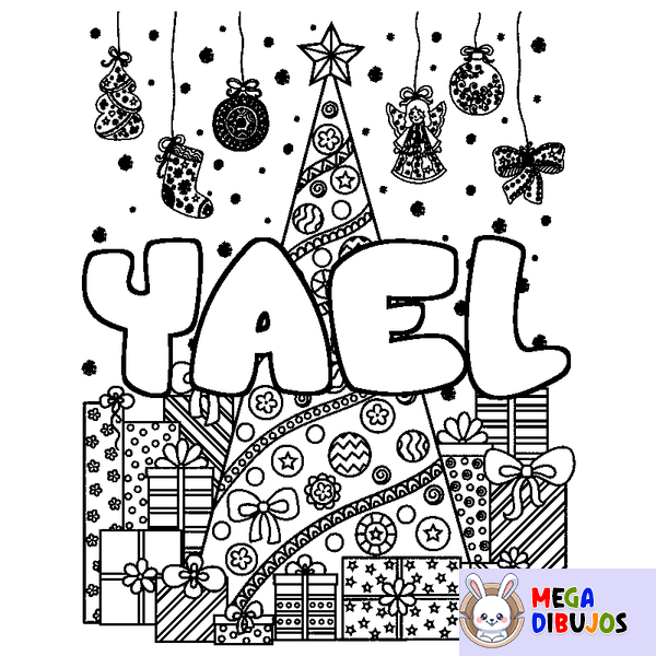 Coloraci&oacute;n del nombre YAEL - decorado &aacute;rbol de Navidad y regalos