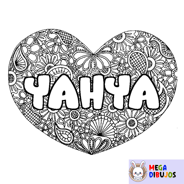 Coloraci&oacute;n del nombre YAHYA - decorado mandala de coraz&oacute;n