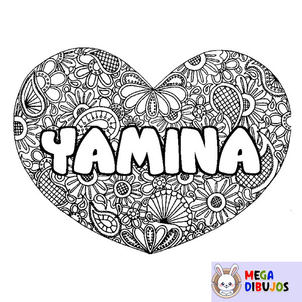 Coloraci&oacute;n del nombre YAMINA - decorado mandala de coraz&oacute;n