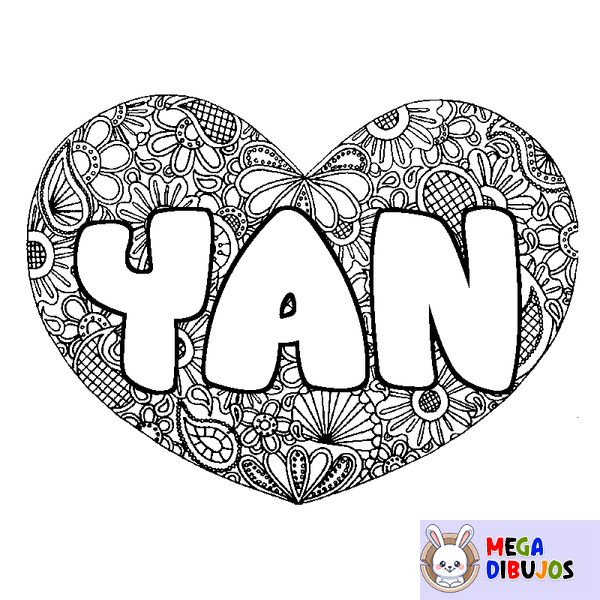 Coloraci&oacute;n del nombre YAN - decorado mandala de coraz&oacute;n
