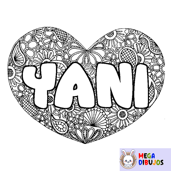 Coloraci&oacute;n del nombre YANI - decorado mandala de coraz&oacute;n