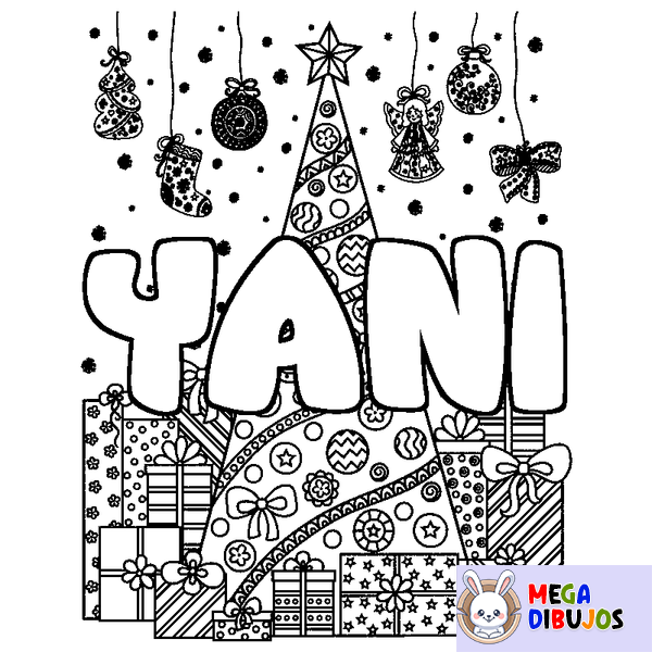 Coloraci&oacute;n del nombre YANI - decorado &aacute;rbol de Navidad y regalos