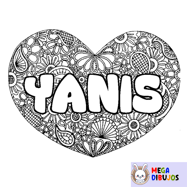 Coloraci&oacute;n del nombre YANIS - decorado mandala de coraz&oacute;n