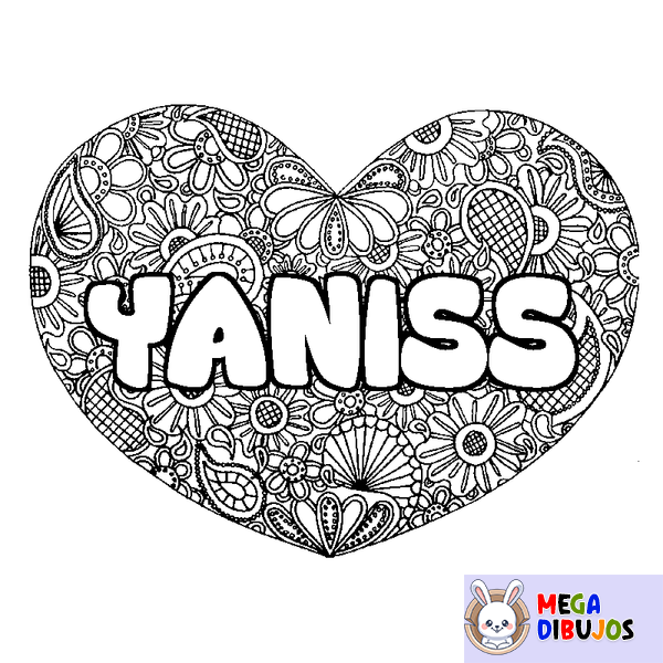 Coloraci&oacute;n del nombre YANISS - decorado mandala de coraz&oacute;n