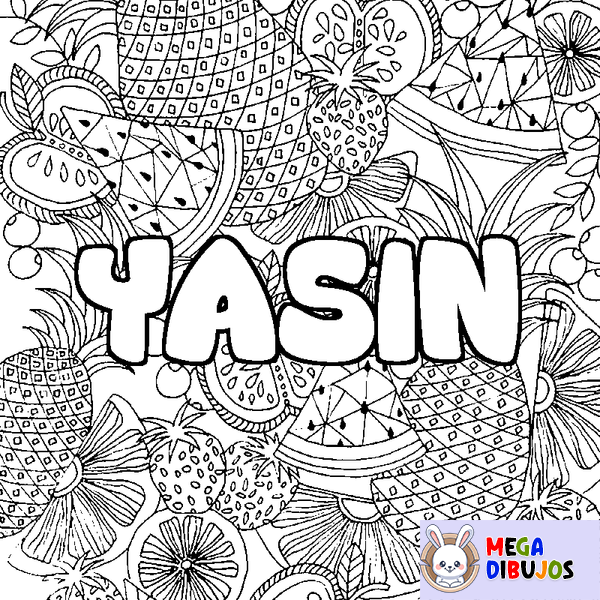 Coloraci&oacute;n del nombre YASIN - decorado mandala de frutas