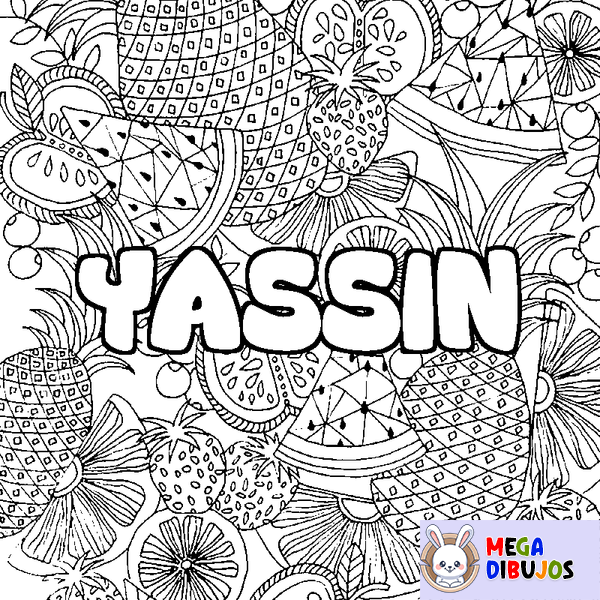 Coloraci&oacute;n del nombre YASSIN - decorado mandala de frutas