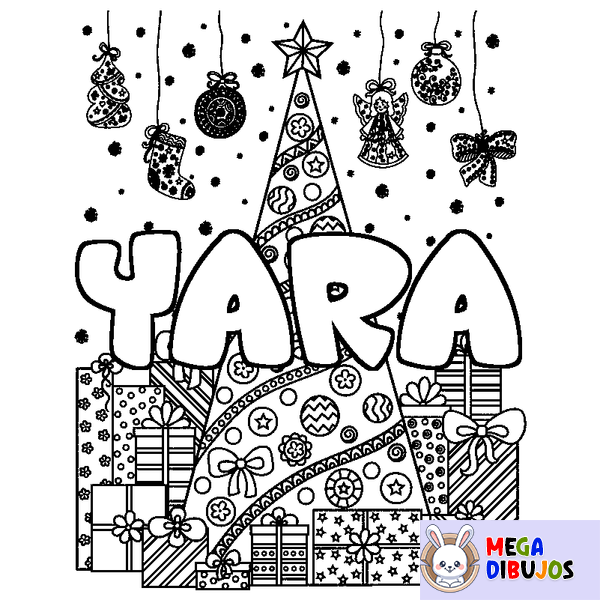 Coloraci&oacute;n del nombre YARA - decorado &aacute;rbol de Navidad y regalos