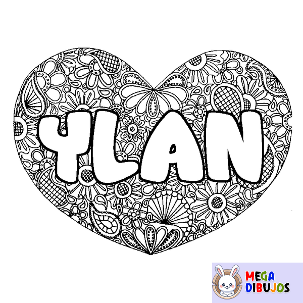Coloraci&oacute;n del nombre YLAN - decorado mandala de coraz&oacute;n