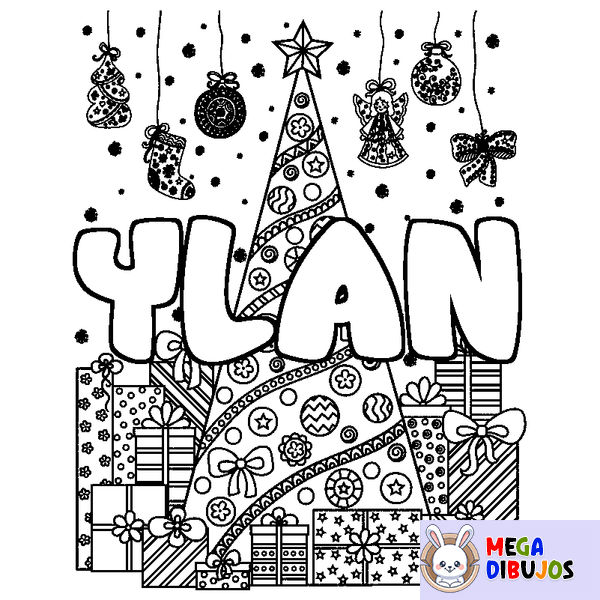 Coloraci&oacute;n del nombre YLAN - decorado &aacute;rbol de Navidad y regalos