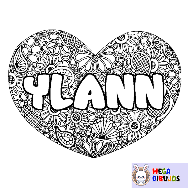 Coloraci&oacute;n del nombre YLANN - decorado mandala de coraz&oacute;n