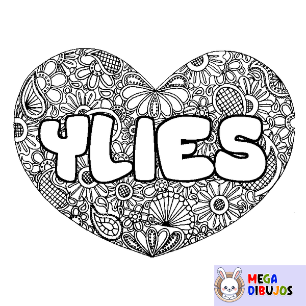 Coloraci&oacute;n del nombre YLIES - decorado mandala de coraz&oacute;n