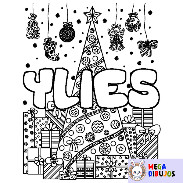 Coloraci&oacute;n del nombre YLIES - decorado &aacute;rbol de Navidad y regalos