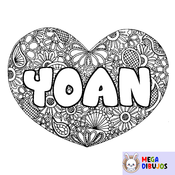 Coloraci&oacute;n del nombre YOAN - decorado mandala de coraz&oacute;n