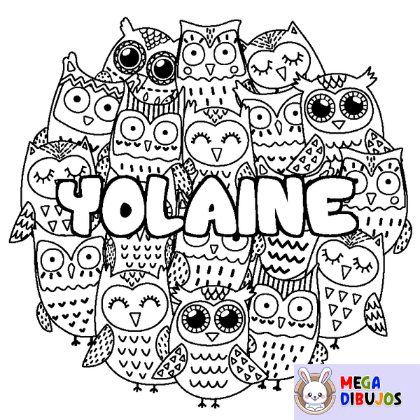 Coloraci&oacute;n del nombre YOLAINE - decorado b&uacute;hos