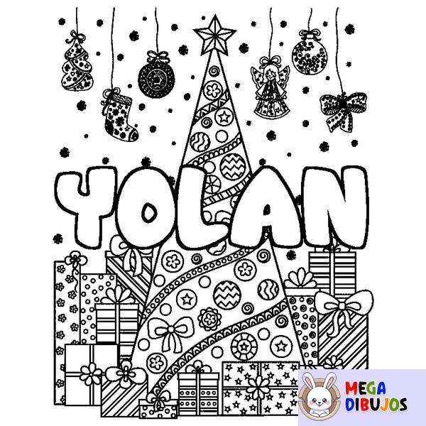 Coloraci&oacute;n del nombre YOLAN - decorado &aacute;rbol de Navidad y regalos