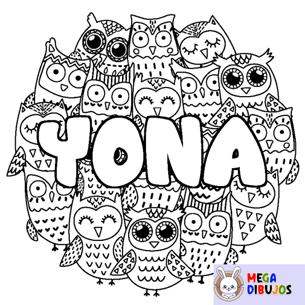 Coloraci&oacute;n del nombre YONA - decorado b&uacute;hos