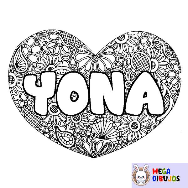 Coloraci&oacute;n del nombre YONA - decorado mandala de coraz&oacute;n