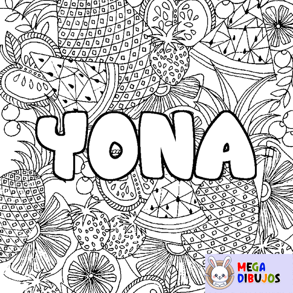 Coloraci&oacute;n del nombre YONA - decorado mandala de frutas