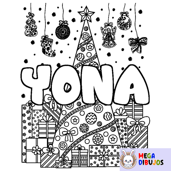 Coloraci&oacute;n del nombre YONA - decorado &aacute;rbol de Navidad y regalos