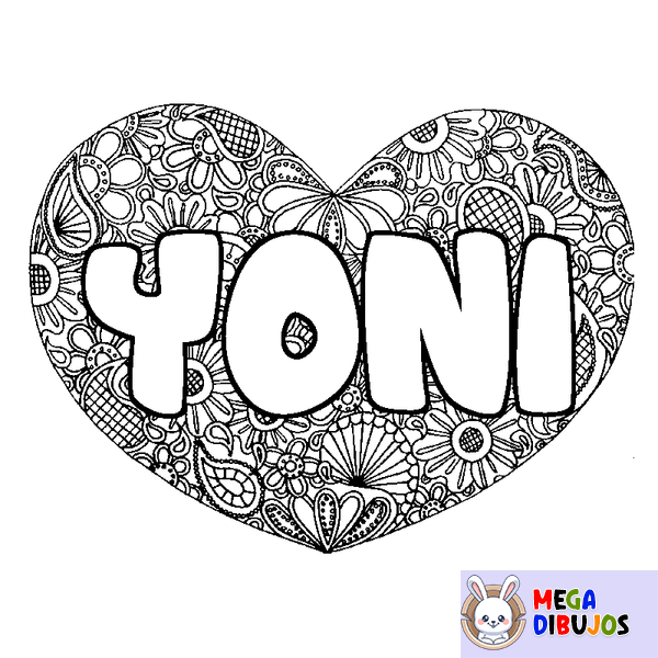 Coloraci&oacute;n del nombre YONI - decorado mandala de coraz&oacute;n