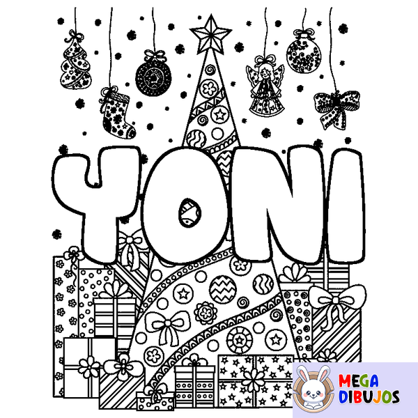 Coloraci&oacute;n del nombre YONI - decorado &aacute;rbol de Navidad y regalos