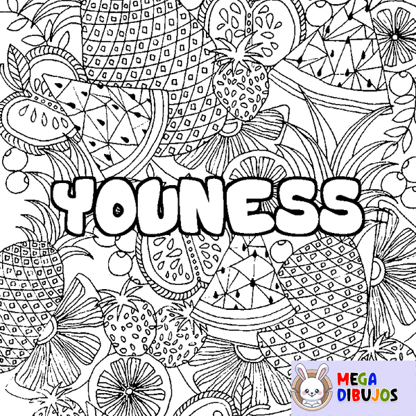Coloraci&oacute;n del nombre YOUNESS - decorado mandala de frutas