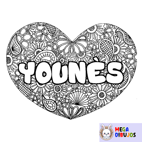 Coloraci&oacute;n del nombre YOUN&Egrave;S - decorado mandala de coraz&oacute;n