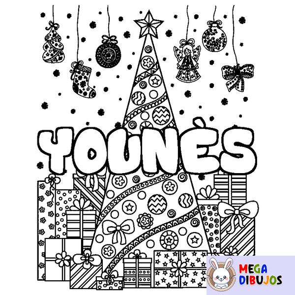 Coloraci&oacute;n del nombre YOUN&Egrave;S - decorado &aacute;rbol de Navidad y regalos